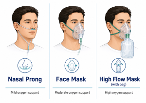 Difference between oxygen face mask , high flow mask and nasal prong tube